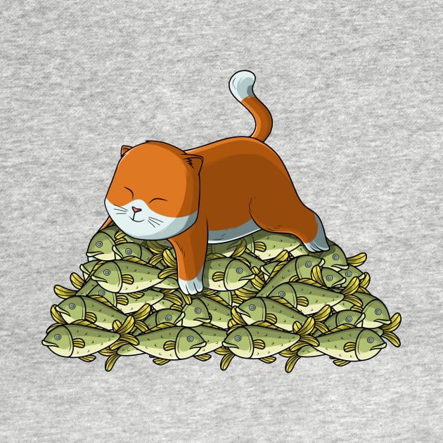 Cat on mountain of fish by Kanvasdesign